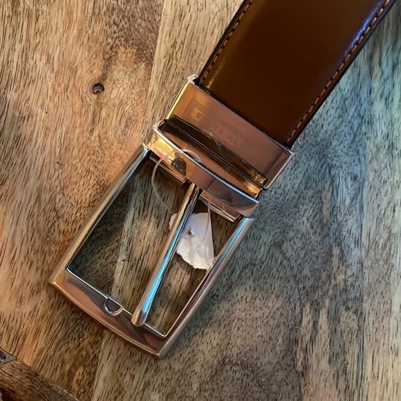PERRY ELLIS Size W 32-38” Bonded Leather Belt Square Bright Silver Brown $49 NEW - Picture 3 of 13